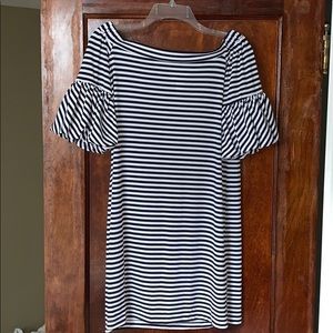 navy and white stripped off the shoulder dress
